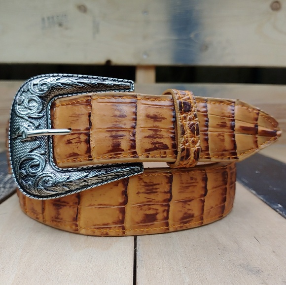 Cowboy County by El Presidente Other - Mens Leather Belt Crocodile Belly Print Cognac